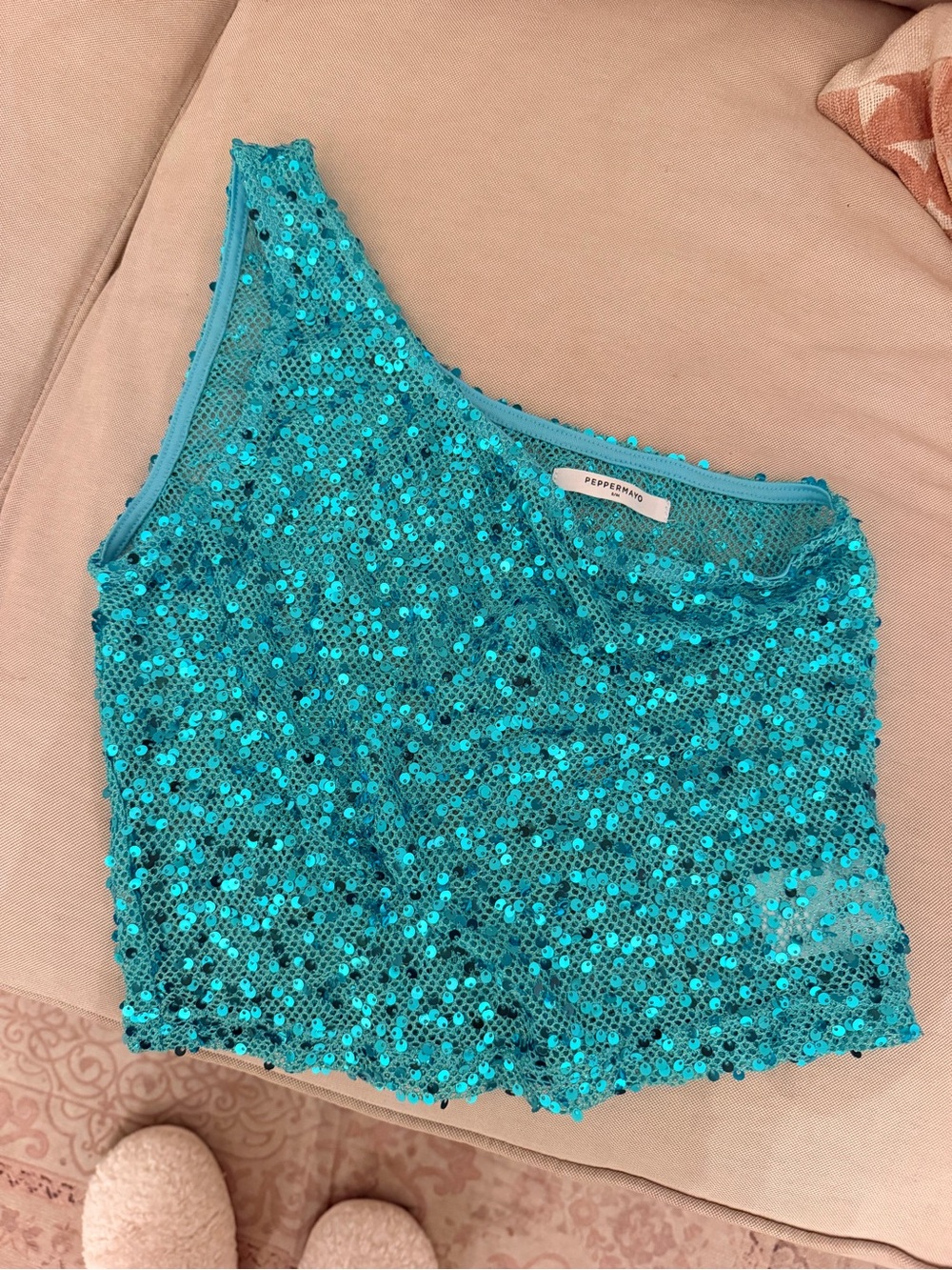 Peppermayo Turquoise Sequin One-Shoulder Crop Top